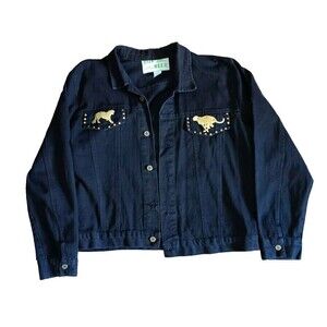 Vintage Denim Jean Jacket Women's Size Large Embellished Black Long Sleeve